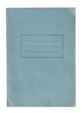 Vintage blue paper notebook cover with blank label name frame, isolated on white