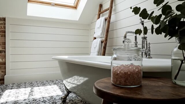 A serene bathroom featuring a vintage bathtub, natural light streaming through a skylight, with decorative elements like a wooden ladder, towels, and a glass jar of bath salts on a wooden stool