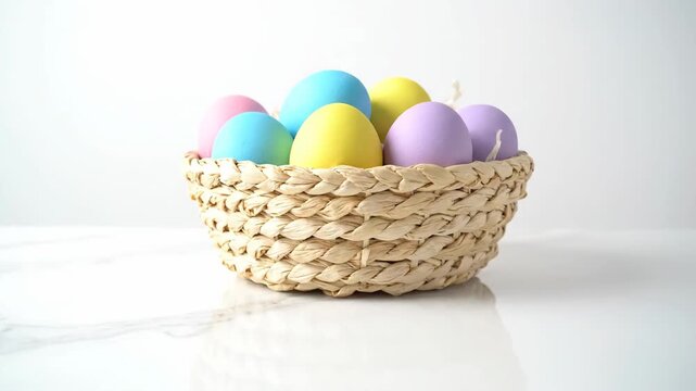 A delightful collection of vibrant pastel Easter eggs nestled in a rustic woven basket, beautifully arranged on a clean white surface for spring holiday celebrations