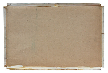 Vintage worn cardboard sheet with torn edges and tape marks, isolated on white