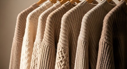 Fototapeta premium A row of beige and brown sweaters hanging on wooden hangers in a clothing store or closet with natural lighting