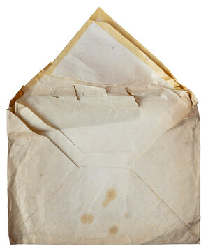 Old stained large paper envelope with open flap, isolated on white