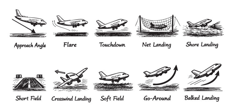 Black and white illustration depicting various types of airplane landings in sketch style, including approach angle, flare, touchdown, and go-around.