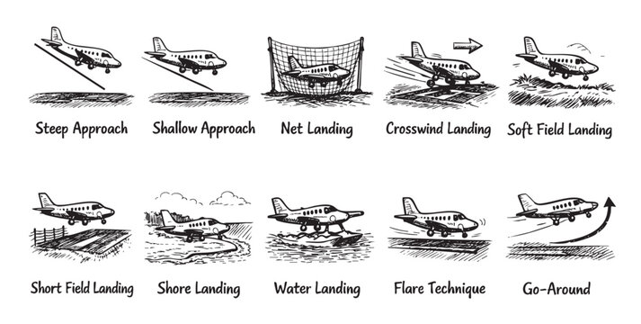 Black and white hand-drawn illustration showing various aircraft landing techniques, including steep approach, shore landing, and water landing, useful for educational and aviation materials.