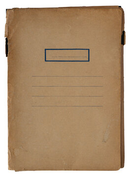 Vintage brown cardboard folder with blank label frame and writing lines, isolated on white