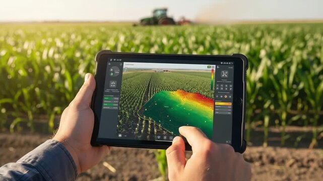 Medium shot showcasing satellite data analysis on a tablet displaying accurate crop yield maps over a vast farmland