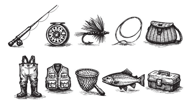 Hand-drawn vector illustration featuring fly fishing equipment like rod, fly, reel, net, waders, and tackle box on white, suitable for recreation, design, and outdoors.