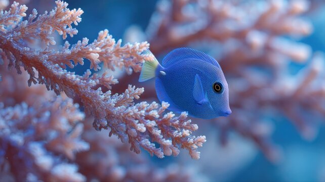Blue Tang Surgeonfish Swimming Gracefully Near Soft Coral Reef Undersea, a Captivating Marine Life Scene