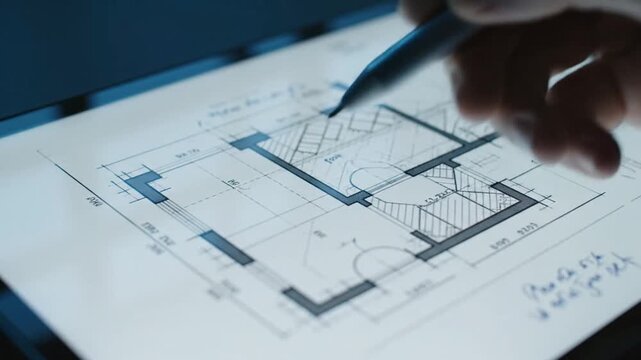 A close-up of a digital tablet displaying architectural sketches and blueprints, with a pen poised to make notes, set against a blurred background of a modern workspace