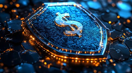 Digital financial security shield prominently displays currency symbol against complex technological background.