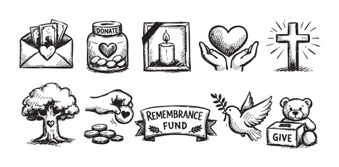Obraz premium This hand-drawn vector illustration depicts various charity and donation symbols on a white background, suitable for religious or fundraising campaigns.