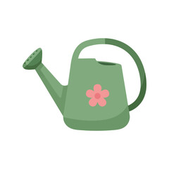 Obraz premium Green watering can vector clipart with flower, flat gardening tool illustration