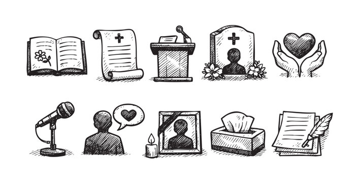 Hand-drawn memorial icons include tombstone, sermon, heart, speaker, and document; perfect for representing grief, loss, funeral services, or bereavement support.