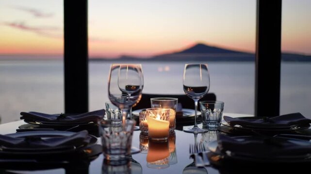 Romantic dinner table set with candles overlooking the sea at sunset.