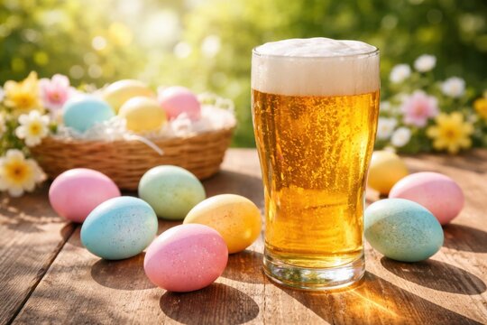 Glass of beer with colorful Easter eggs in a sunny garden setting.