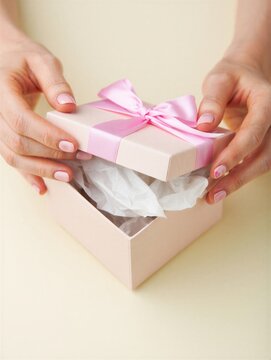 Hands gently open a pink gift box adorned with a ribbon, revealing white tissue paper inside. Perfect for celebrations and special occasions.