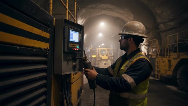 Technician calibrating a fixed gas detection monitor mounted on a mining equipment panel in an industrial setting.