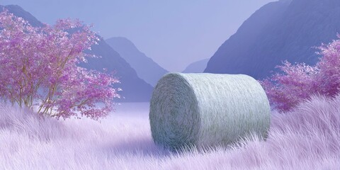 a large bale of hay in the middle, surrounded by trees and grasslands