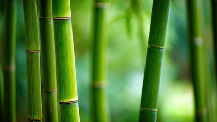 Fototapeta premium Lush Green Bamboo Forest Stems, Close-up View: A Symbol of Serenity and Natural Beauty