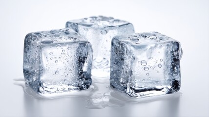 Obraz premium Three clear ice cubes melting on a reflective surface, ideal for beverage or cooling concepts