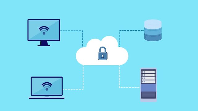 Flat vector illustration of a secure cloud with a lock icon connected to desktops, server, and database, representing protected cloud data network and system security on a light blue background.
