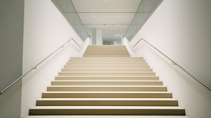 Obraz premium Architectural Staircase Ascending with Metal Railings in a Modern, Minimalist White Interior