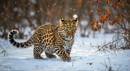 Fototapeta premium Leopard walking in the snow among sparse vegetation with falling snowflakes in winter setting