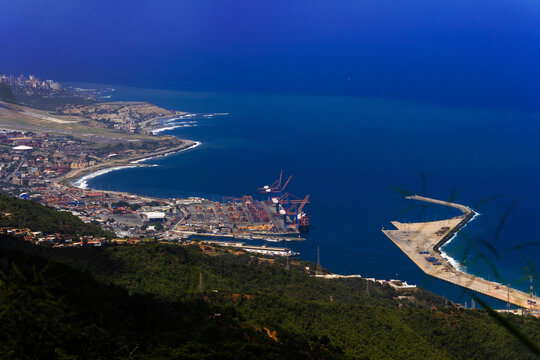 Aerial View of Sim&oacute;n Bol&iacute;var International Airport (Maiquet&iacute;a) and the Port of La Guaira on the Caribbean Coast, Venezuela