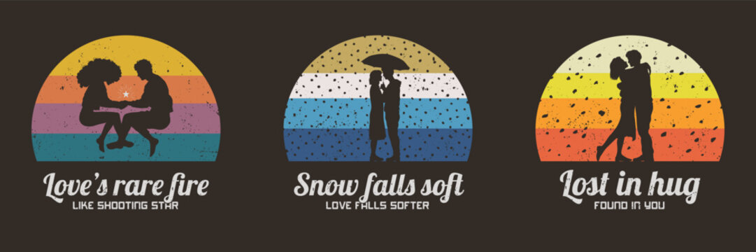 Silhouette of lovers. Different romantic loving couples. 70s retro set