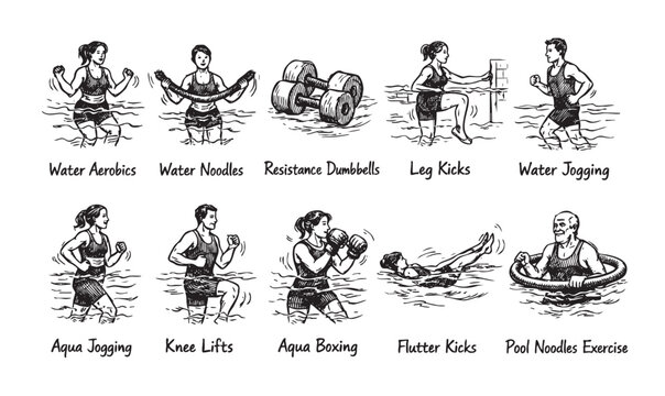 Monochrome sketch depicting diverse water exercises: aerobics, jogging, boxing, flutter kicks and using noodles for active lifestyle concepts.