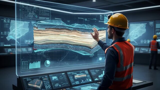 Specialist manipulating virtual 3D mine model using touch interface illustrating cuttingedge digital mapping techniques in mining engineering.