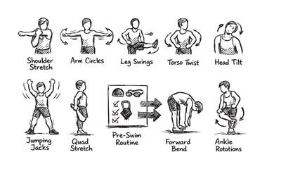 Fototapeta premium Black and white sketchy illustration shows a series of exercises including stretching, arm circles, leg swings, jumping jacks and other warm-up routines. For fitness guides.
