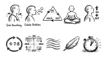 Obraz premium Hand-drawn sketches depict various breathing exercises, including side breathing, bubble exhaling, 4-7-8 technique, and meditation, suggesting relaxation and wellness practices.