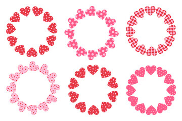 Trendy Valentine wreath collection made of cute hearts with polka dot patterns in red and pink tones on a soft light background. Flat vector frames perfect for cards, invitations, patterns and romanti
