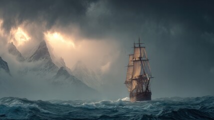 Obraz premium Majestic Sailing Ship Navigating Stormy Seas with Dramatic Lighting and Mountain Backdrop, Evoking Adventure