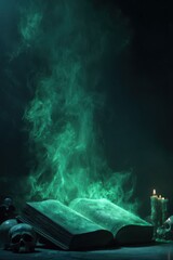 Open ancient necromancer book with green glowing smoke in dark fantasy horror style with creepy atmosphere skull and candle decorate