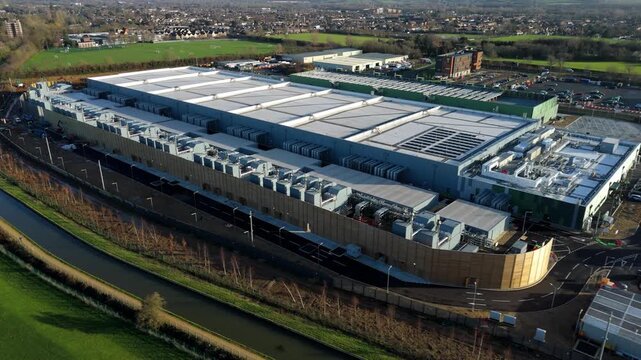 Aerial view of the new build Google data centre, showing its vast scale and complex infrastructure, Waltham Cross, United Kingdom.