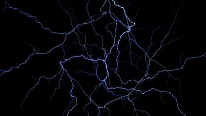 Abstract illustration of dynamic lightning bolts branching across a dark background. Electric energy and power concept.