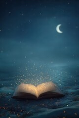 Open magical book under moonlight fantasy with calm mysterious mood and glowing light at night