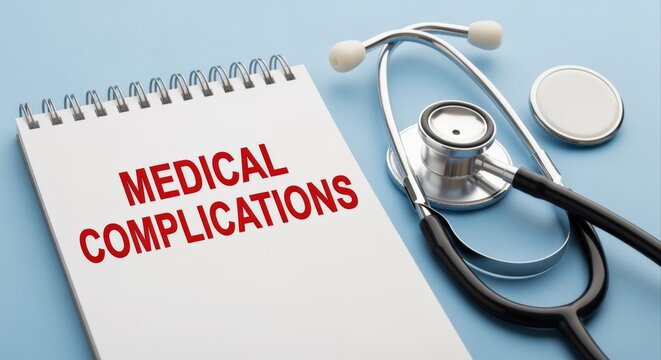 Medical Complications Notepad with Stethoscope on Blue Background Illustrating Healthcare Issues and Diagnosis, Serving Doctors, Nurses, and Patients