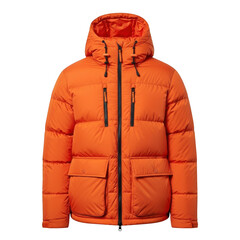 Vibrant orange puffer jacket with hood and pockets isolated on transparent background