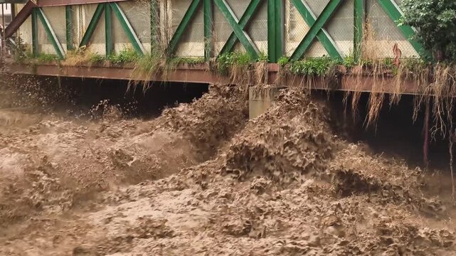 The muddy floodwater rushing rapidly under the bridge is eroding the support column, Mezitli, Mersin, Turkey