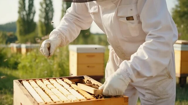 Medium shot of a beekeeper gently inspecting a queen bee cage focusing on selecting strong genetic traits for healthier hive populations.