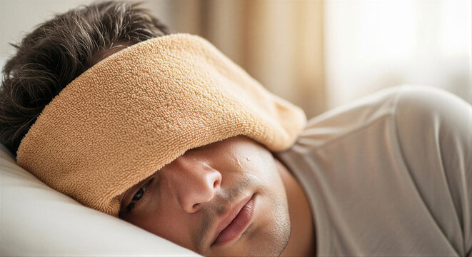 sick man with hot towel on pillow