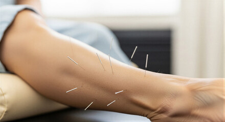 leg with acupuncture needles inserted during therapy session