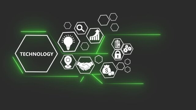  Technology concept with digital business icons animation. Natural language processing interface with AI data visualization, AI language processing innovation digital interface..	