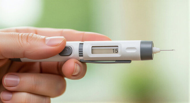 Hand holding lancet device showing number 15 on screen