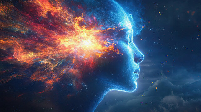 Conceptual human profile with explosive energy and cosmic mind illustration