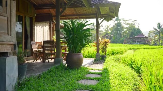 Tropical resort veranda overlooks vibrant green rice fields at sunrise.