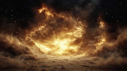 Golden cosmic cloud explosion over surreal desert landscape